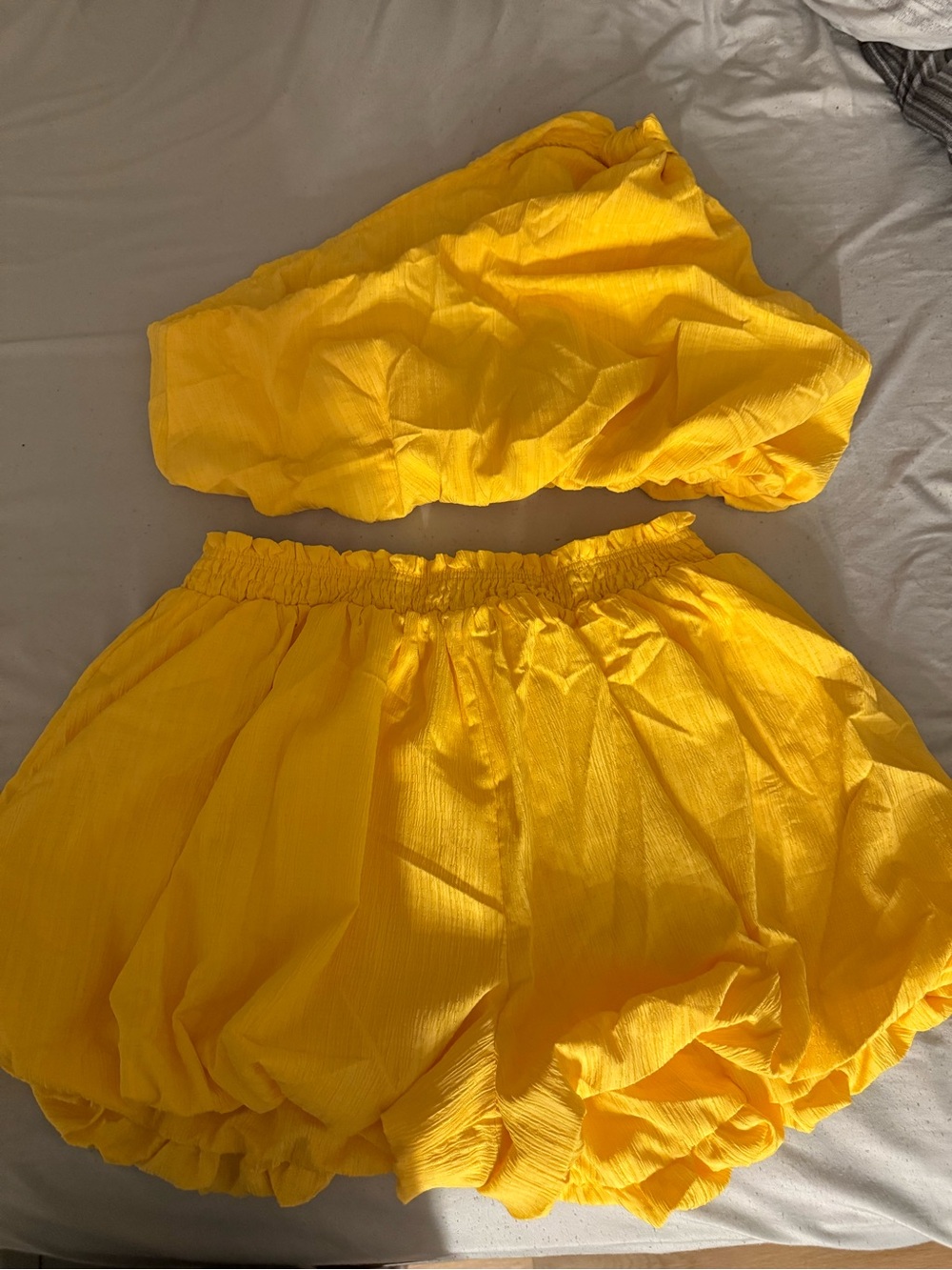 Yellow Two-Piece Strapless Crop Top and Bubble Shorts Set